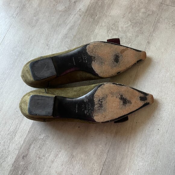 Prada Green Suede Gold Buckle Kitten Heel Mules. - Picture 2 of 7